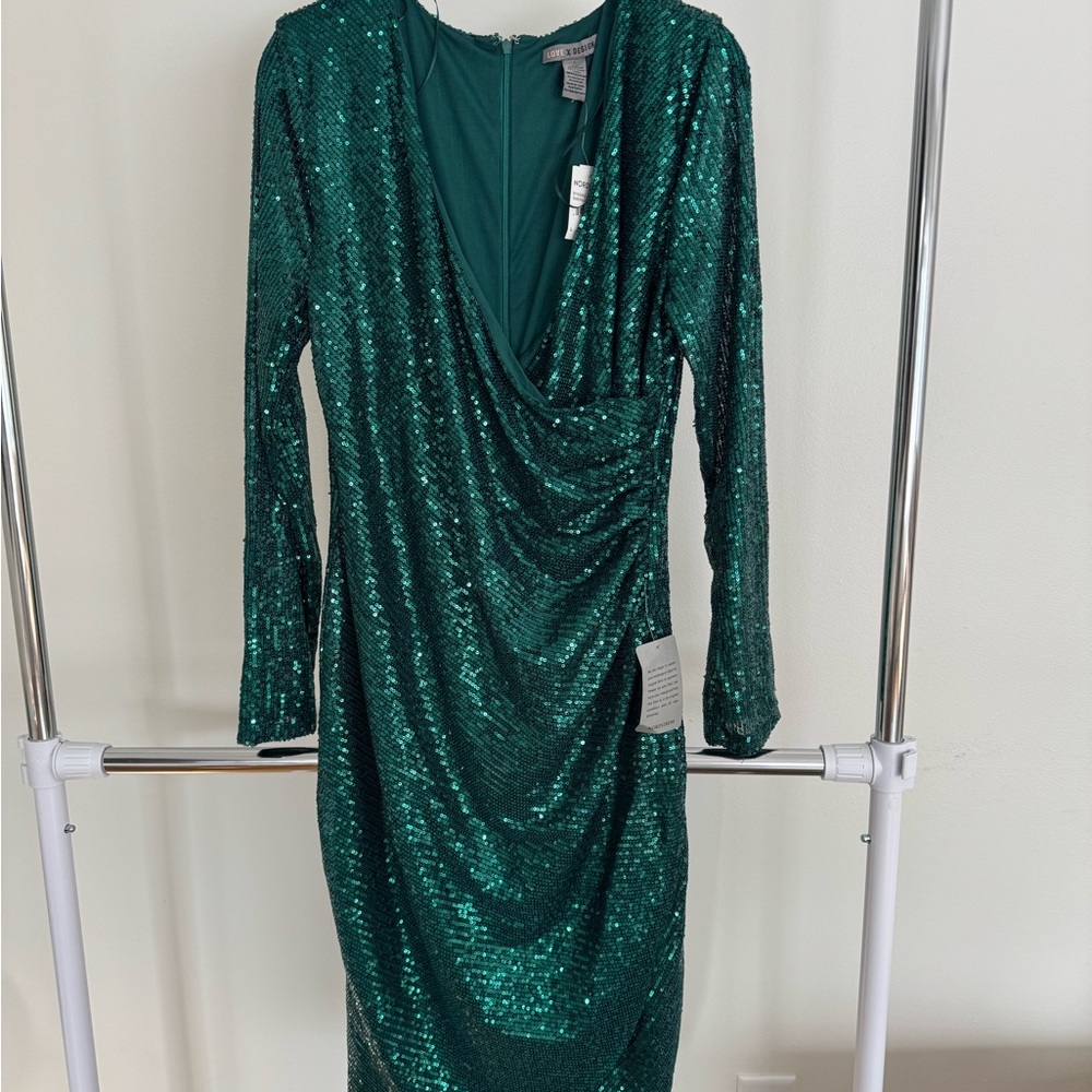 Love By Design Teal Sequin Draped Long-Sleeve Cocktail Dress